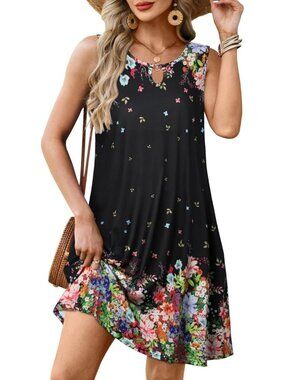 Women's Summer Sleeveless Sundress Floral Loose Fit Cover Up Black Colorful